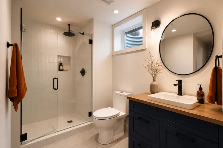 Design idea: a basement bathroom with a glass shower and a navy vanity