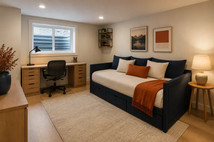 Design idea: a basement office nook with a desk, a daybed and a bright window