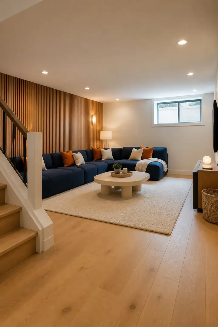 Design idea: a finished basement family room with a slatted wood wall and a navy sofa