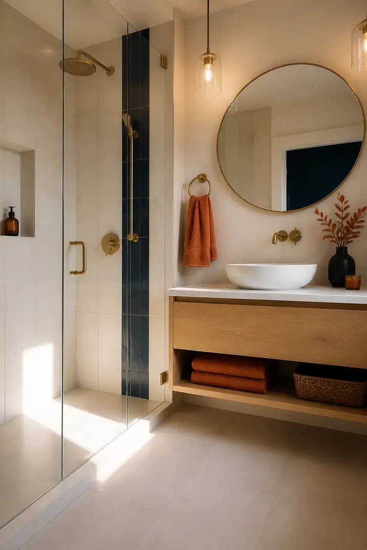 Design idea: a bathroom with a glass shower, a navy tile wall and an oak vanity