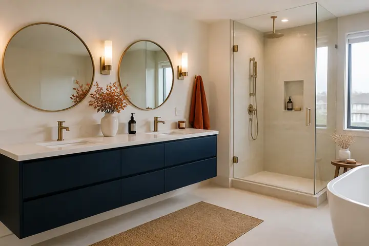Design idea: an ensuite with a navy double vanity, two round mirrors and a glass shower