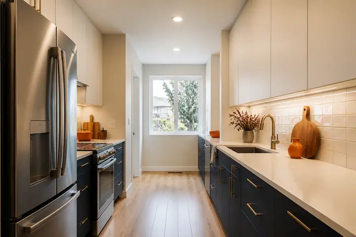 Design idea: a galley kitchen with navy lower cabinets, white uppers and a window at the end