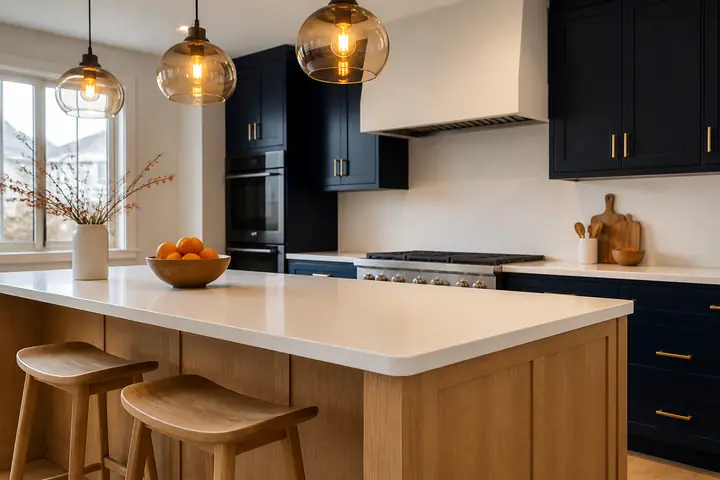 Design idea: a kitchen with navy cabinets, an oak island with stools and amber pendant lights