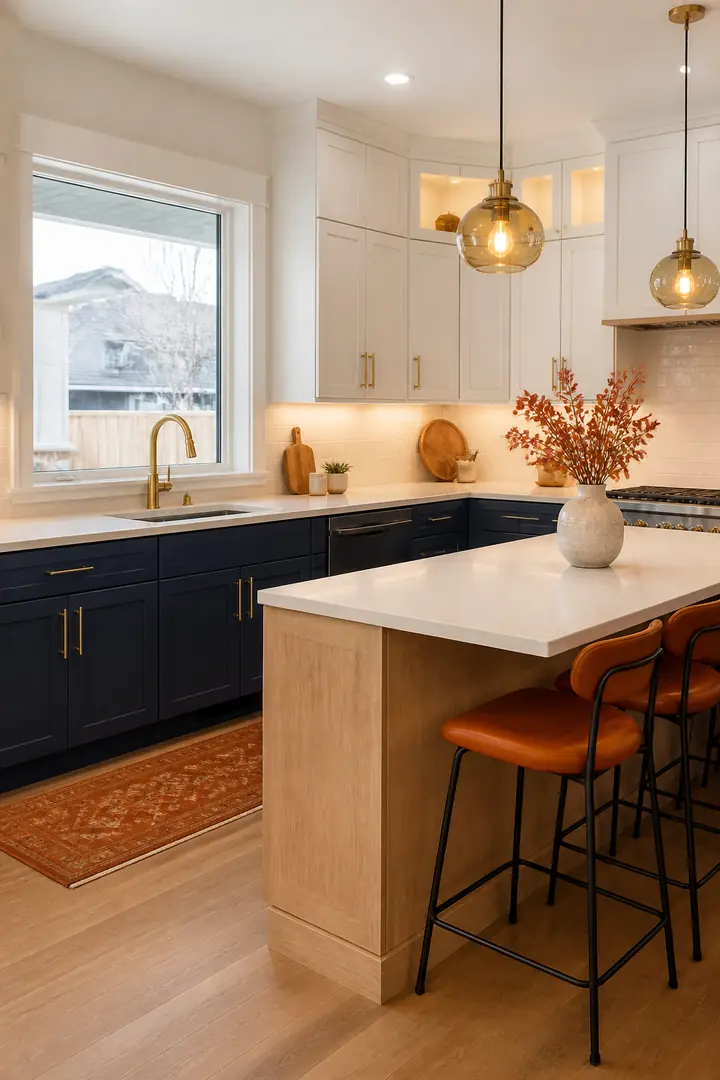 Design idea: a kitchen with white upper cabinets, navy lowers, an oak island and pendant lights