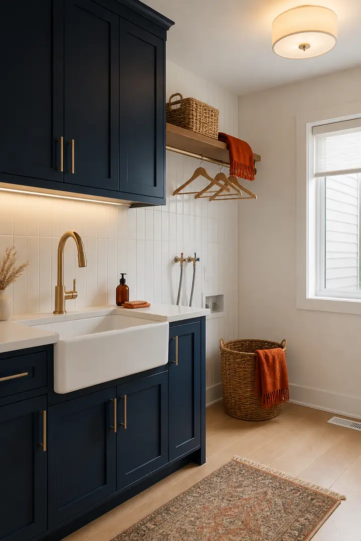 Design idea: a navy vanity and a laundry sink with new plumbing
