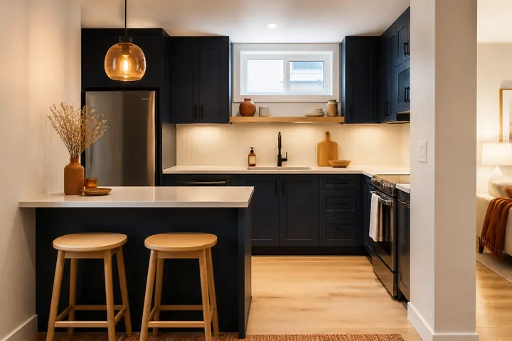 Design idea: a compact kitchen with navy cabinets and a breakfast bar